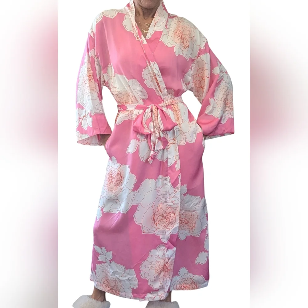 NATORI Nara Women’s Floral Belted Kimono Robe Pink White Peony Size M - Picture 2 of 15